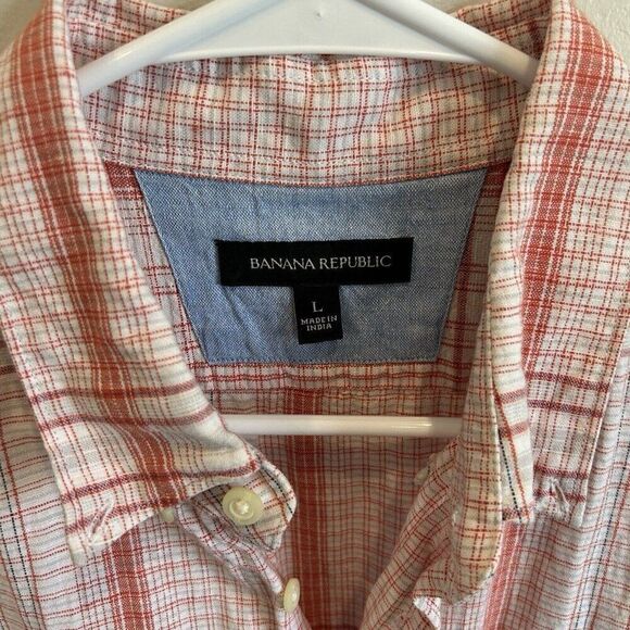 Banana Republic Short Sleeve Button Down Linen Cotton Plaid Orange White Blue L - Picture 8 of 9
